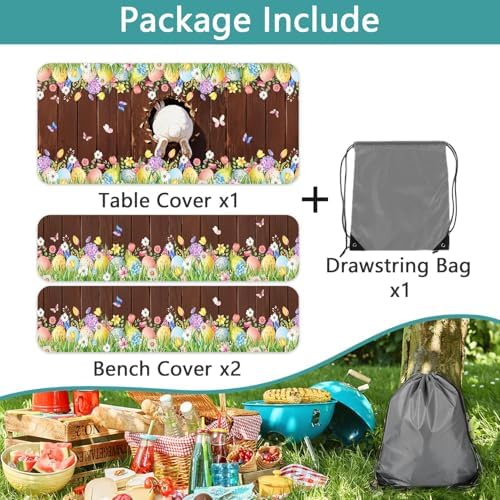 Easter Picnic Table Cover with Bench Covers Elastic Edges, Cute Bunny Flower Brown Wood Fitted Table Cover, Outdoor Patio Camping Essentials, Waterproof Camping Fitted Tablecloth, 3PCS, 30x72 Inch - Image 5