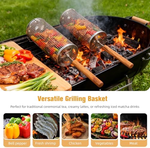 7-Piece BBQ Set, 2 Rolling Grill Baskets for Effortless Flipping,Grilling Tools or Fish,Shrimp,Meat,Vegetables,Fries Food,Outdoor Camping Grilling Accessories,Gifts for Men Dad Husband - Image 6