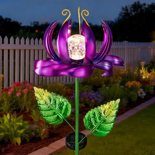 Garden Decor Solar Wind Spinners- Metal Lotus Flower Yard Lights LED Crackle Glass Globe Yard Art Sculpture Solar Stake Lights for Patio Pathway Lawn Walkway(Purple-Large) by SUCUY