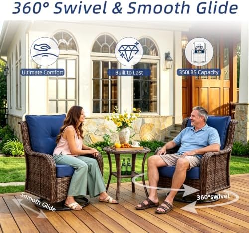 Wumiokio Patio Furniture Sets, Wicker Outdoor Furniture - 360 Degree Swivel Rocking Chairs and Rattan Side Table for Garden,Porch,Backyard (Brown Wicker/Blue Cushion, 5PCS - Swivel Chairs & Ottoman) - Image 2