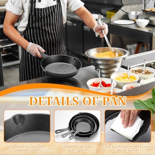 Vesici 5 Pcs Cast Iron Skillet Frying Pans with Drip-spouts Circle Non-stick Frying Skillet Omelette Pan Safe Healthy Cookware for Home Barbecue Kitchen Party Restaurant Catering Service (Mixed Size) - Image 3