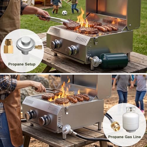 Bestfire 2-Burner Tabletop Propane Gas Grill, Dual Connections, 20,000 BTU Stainless Steel Portable Grill, Fits Large Gas Cylinders/Small Canisters, for Camping, RV, Outdoor BBQ - Image 2