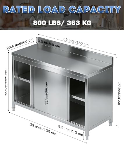 59" Stainless Steel Kitchen Worktable with Cabinet, 800 LBS Heavy Duty Commercial Prep Table with Sliding Doors & Adjustable Feet, Backsplash, for Restaurant, Home, Garage, Outdoor BBQ - Image 2