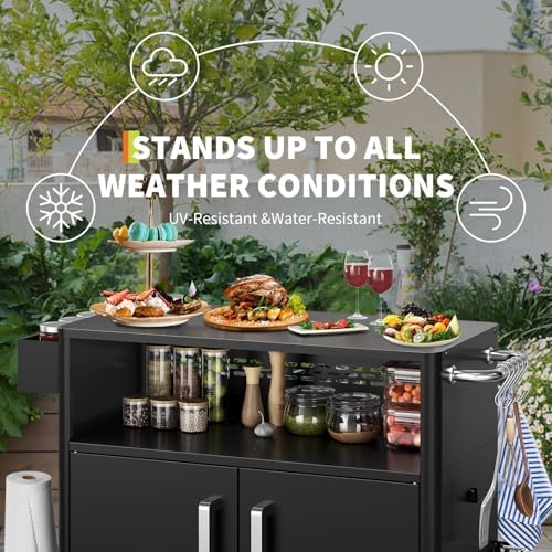 Heavy-Duty 2-Tier Outdoor Kitchen Island with Locking Wheels – 883 sq.in. Prep Space, 304 Stainless Steel Top, Magnetic Double-Door BBQ Cabinet for Grilling Table & Patio Cooking Station - Image 5