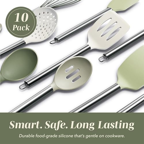 COOK WITH COLOR Silicone Cooking Utensils, Kitchen Utensil Set, Easy to Clean Silicone Kitchen Utensils, Cooking Utensils for Nonstick Cookware, Kitchen Gadgets Set, 10 Pieces, Green - Image 3