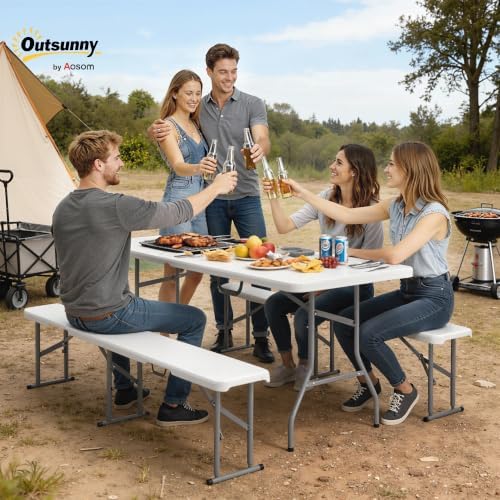Outsunny 6FT 3-Piece Portable Picnic Table Bench Set Folding Handles White - Image 2