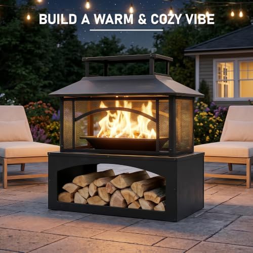 Aoxun 36" Outdoor Fire Pit with Wood Storage, Steel Wood Burning Fireplace with Mesh Spark Screen & Poker, Patio Heater with Removable Ash Pan for Backyard, Garden, Deck - Image 2