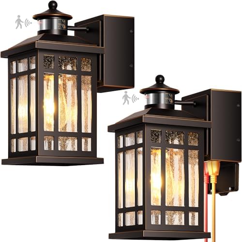 Oil-Rubbed Bronze Outdoor Motion Sensor Light with GFCI Outlet, 2-Pack Porch Lights Outdoor with Gold Trim, Dusk to Dawn lighting Wall Mount with Bubble Glass, Outside Sconces for Garage, Patio by OPAXIS