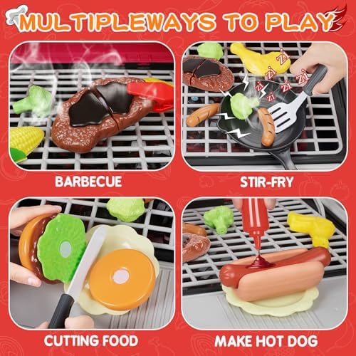 Kids Play Kitchen Toys, Kids BBQ Grill Kitchen Playset with Smoke, Sound & Light, Play Food Toys Cooking Set, 2-Layer Barbecue Outdoor Play Grill Toy Gift for Toddler Boys Girls 3-5 - Image 3
