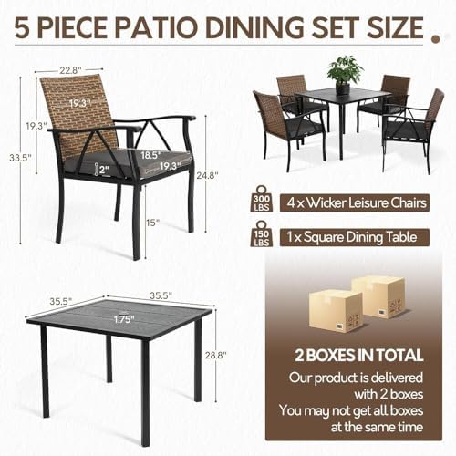 5-Piece Patio Dining Set for 4, Outdoor Dining Set with 4 Wicker Patio Dining Chairs with Cushions & 1 Black Square Woodgrain Dining Table with 1.75" Market Umbrella Hole, Black & Brown - Image 2