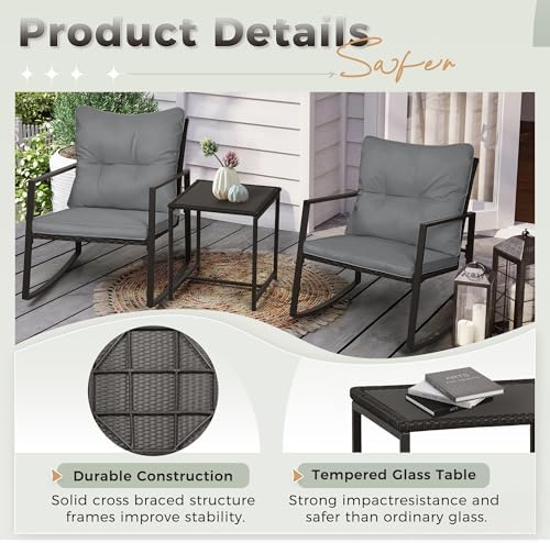 SUNCROWN 3 Piece Outdoor Rocking Bistro Set Black Wicker Furniture Porch Chairs Conversation Sets with Glass Coffee Table, Dark Grey - Image 6
