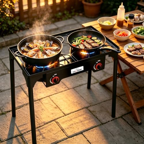 COOKAMP High Pressure Double Propane Burner Outdoor Camping Stove with 0-20 PSI Adjustable Regulator and Steel Braided Hose (Two Burner Stove) - Image 4