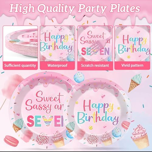 96 PCS Donut 7th Party Plates and Napkins Donuts Party Tableware Supplies Sweet Sassy Seven Year Old Plates Napkins Decors Donuts Decorations for Kids Birthday Gatherings Decorations - Image 3