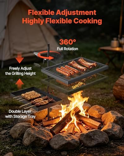VEVOR Heavy Duty Swivel Campfire Grill, Double Layer Portable Camping Grill Grate & Griddle, Sturdy Steel BBQ Mesh, 360° Height Adjustable Over Fire Pit, for Outdoor Open Flame Cooking, Black - Image 5
