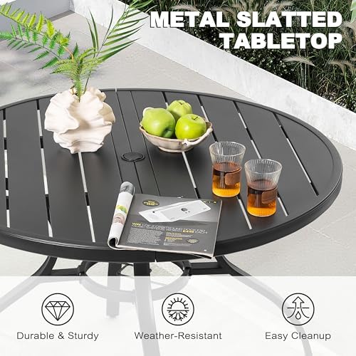 NUU GARDEN 41" Round Outdoor Patio Dining Table for 4, Slatted Metal Table with 1.57" Umbrella Hole and Adjustable Feet, All-Weather for Lawn, Garden and Backyard, Black - Image 6