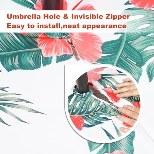 SquarePie Rectangle Outdoor Tablecloth with Umbrella Hole and Zipper 60x84 inch,Water Resistant SpillProof Patio Table Cloth for Spring Summer Camping Garden Poolside Picnic,Palm Leaf Red Flower - Image 2