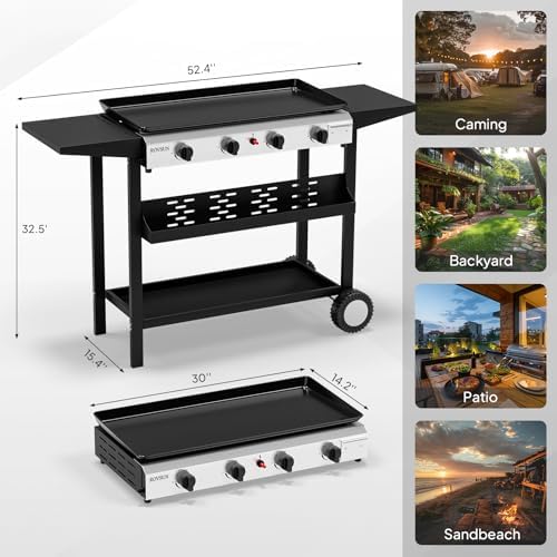 Bonnlo 4 Burner Portable Propane Griddle, 40,000BTU Gas Grill with Enameled Tray, Rolling Flat Top Grill with Electronic Ignition, Side Shelve & Regulator, Ideal for Outdoor Patio Cooking BBQ - Image 6