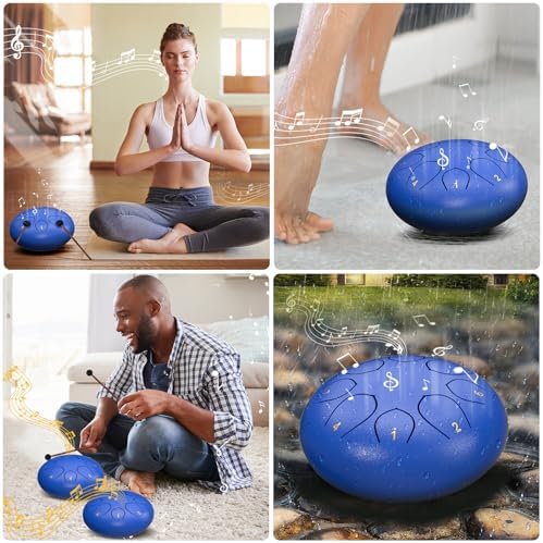 Rain Drum for Outside Garden, 6 Inches 8 Notes Steel Tongue Chakra Drums, Waterproof Meditation Echo Rain Chime, Musical Instruments for Adult Gift with Bag, Music Book (Dark Blue) - Image 6