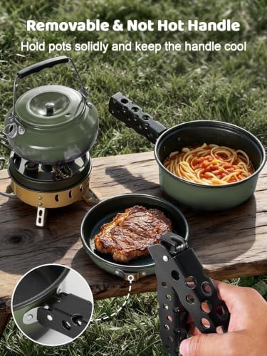 Odoland 5pcs Camping Cookware Non-Stick Camping Pot and Pan Set with Kettle and Removable Handle for Hiking Backpacking and Picnic - Image 4
