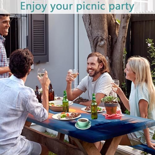 3 PCS Picnic Table Cover with Bench Covers & Storage Bag, Waterproof Fitted Camping Tablecloth with Elastic, 30x96 Inch, Sunset Mountain Lake Deer Forest Print, Indoor Outdoor Patio RV Party Table - Image 2