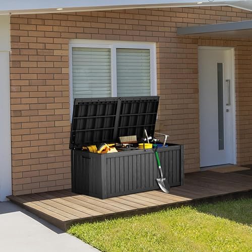 Outdoor Storage Box, 180 Gallon Waterproof Deck Box, Piston-Lift Tall Standing Cabinet for Oversized Cushions, Lockable Deep Tool Organizer Storage Bench, Large Lawn, Black - Image 4
