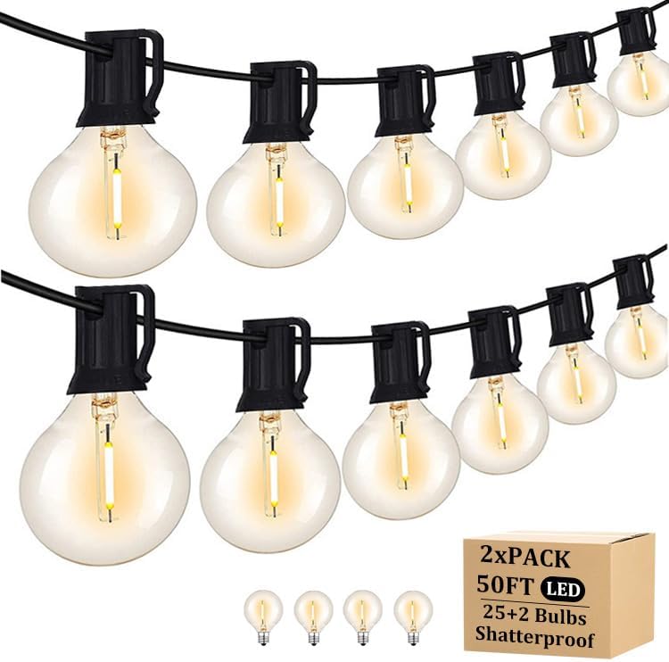 100FT Outdoor Patio Black String Lights with 52 Shatterproof G40 LED Clear Globe Bulbs for Indoor/Outdoor, 2-Pack 50FT Connectable Hanging Lights for Backyard Balcony Party Decor by Unknown