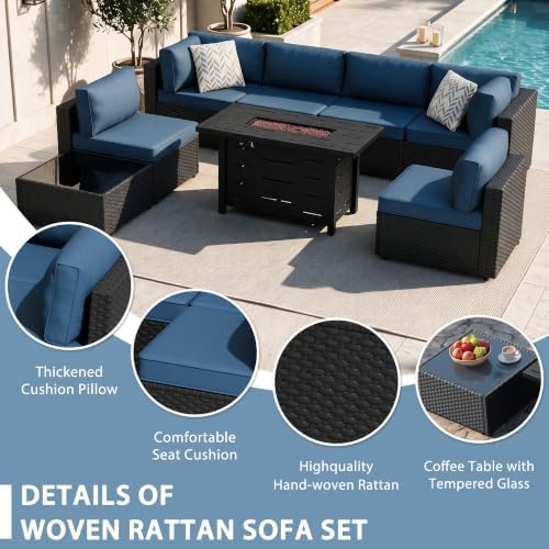 Shintenchi 8 Piece Outdoor Patio Furniture Set with 43 Inch Propane Fire Pit, Washable Cushions, Glass Coffee Table, Waterproof Cover & CSA Certified for Backyard Poolside, Black PE Rattan/Navy Blue - Image 4