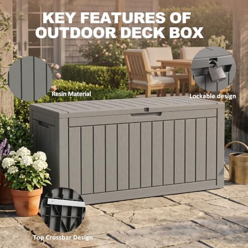 110 Gallon Deck Box, Lockable Waterproof Resin Outdoor Storage Box, Weatherproof Container for Garden Tools, Indoor Cushions & Outside Accessories (Grey) - Image 4