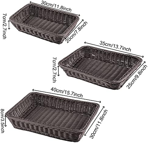 ZOENHOU 3 Packs Poly-Wicker Bread Basket, 16” 14” 12” Handmade Woven Basket, Tabletop Display Organizer Serving Baskets for Home Restaurant Hotel Food Fruit Vegetables Snacks Storage, Dark Brown - Image 2