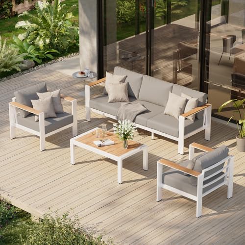 Aluminum Outdoor Patio Furniture Set with Coffee Table, 4 Piece Outdoor Conversation Sets with Washable Thick Cushions, Patio Sectional Furniture Set for Porch, Balcony, Deck, White by Oasbira