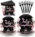 96Pcs Feliz Cumpleaños Black and Pink Decorations for Girls Women Serves 24 by Greencian