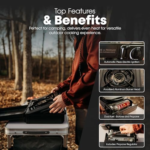 GasOne 10,000 BTU Dual Fuel Camp Stove – Butane and Propane Burner Portable Stove Camping Grill with Adjustable Heat Dial, Carry Case, Automatic Electric Ignition – Safe and Durable Construction - Image 4