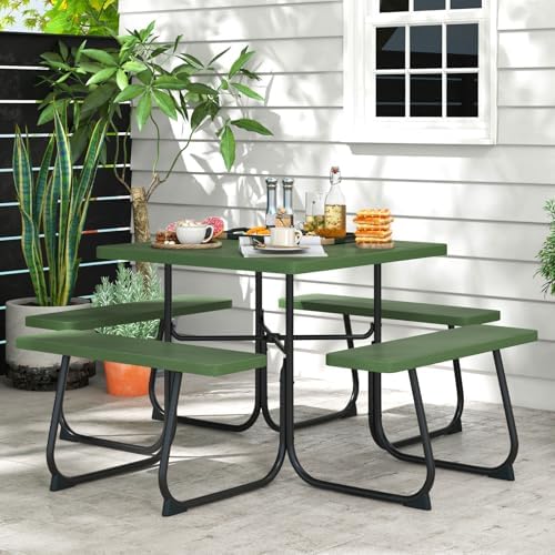 Moccha Picnic Table Bench Set - Outdoor Table and Chairs with Umbrella Hole, HDPE Tabletop & Metal Frame, 500LBS Capacity, Outdoor Camping Table for Garden Backyard Porch Patio Table Set (Green) by LDAILY
