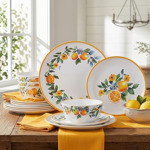 Lemon Dinnerware Set for 4, 12-Piece Melamine Plates and Deep Bowls - Image 7