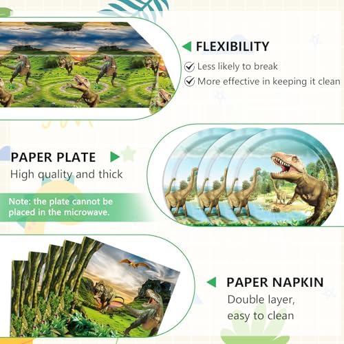 41Pcs Dinosaur Birthday Party Decorations,Dino Party Decorations Tableware Set Jurassic Dinosaur Paper Plates Napkins Tablecloth丨Boys Kids Baby Shower Jurassic Theme Birthday Party Decor,Serve 20 - Image 3