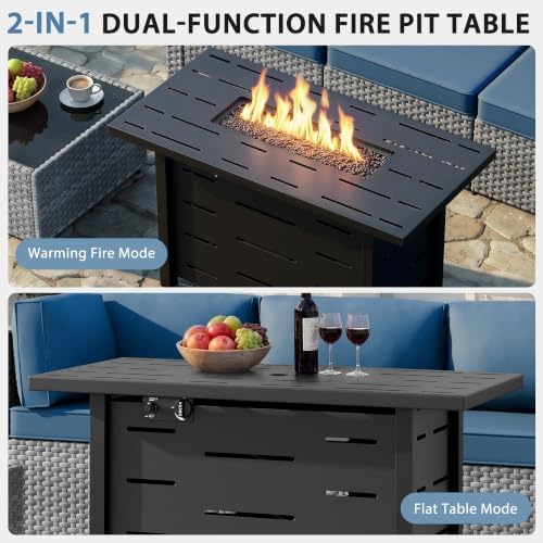 Shintenchi 8 Piece Outdoor Patio Furniture Set with 43 Inch Propane Fire Pit, Washable Cushions, Glass Coffee Table, Waterproof Cover & CSA Certified for Backyard Poolside, Silver PE Rattan/Navy Blue - Image 6