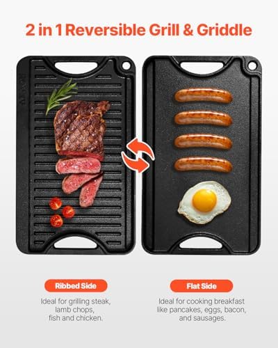 VEVOR Reversible Grill/Griddle, 14x8.5 inch Pre-Seasoned Cast Iron Griddle, Portable Rectangular Pan with Handle, Family Cookware for Indoor/Outdoor Stove Top Burner, Gas, Camping BBQ, Black - Image 2