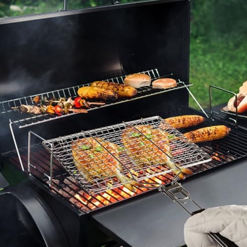 Fish Grill Basket BBQ Grilling Rack Kabob Veggies Shrimp Stainless Steel Cage Holder with Cleaning and Oil Brushes Oven Gloves - Image 6