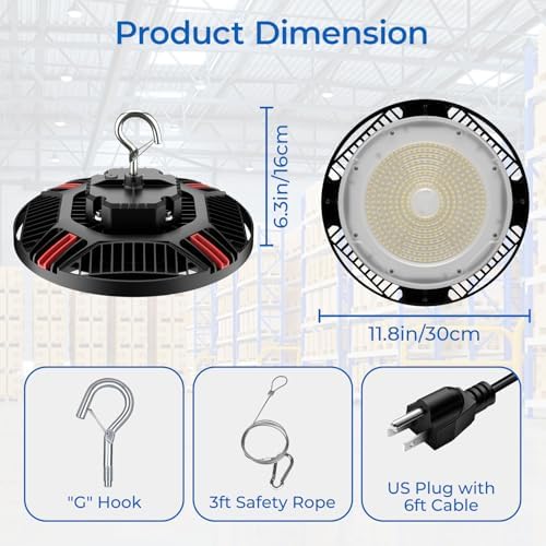 CINOTON 210W UFO LED High Bay Light, Aluminum LED Shop Lights with 31500LM, 5000K Commercial Bay Lighting for Warehouse Garage Workshop Factory, 6' Cable & Safety Rope, ETL Listed 2 Pack - Image 4