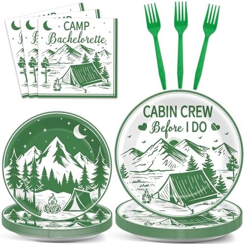 96Pcs Camp Bachelorette Plates and Napkins Mountain Camp Birthday Party Supplies for Bridal Shower Disposable Dessert Paper Plates Camping Bachelorette Bridal Shower Wedding Engagement Party Favor by Oitnlaughter
