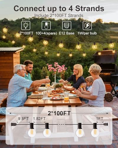 GLUROO 200FT(100FT*2PC) Outdoor String Lights, G40 LED Patio Lights with 100+4 Bulbs, Waterproof Shatterproof Dimmable Globe Hanging Outdoor Patio Lights Cafe, Bistro Outside Lights for Patio - Image 5