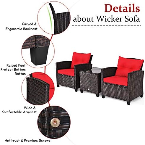Tangkula 3 Pieces Patio Furniture Set, PE Rattan Wicker 3 Pcs Outdoor Sofa Set w/Washable Cushion and Tempered Glass Tabletop, Conversation Furniture for Garden Poolside Balcony (Red) - Image 6