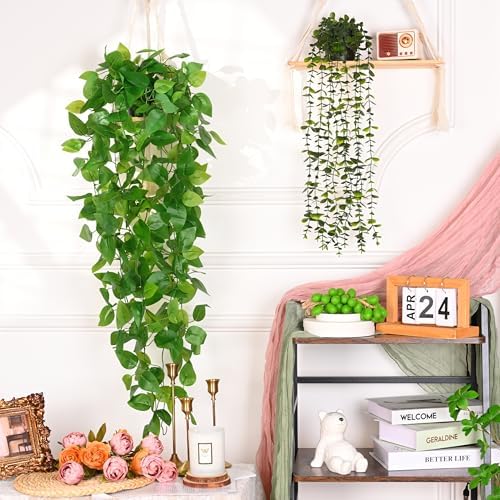 Waipfaru 2Pcs Fake Hanging Plants with Pot, Potted Faux Eucalyptus - Image 5