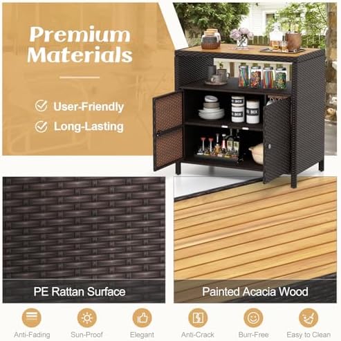 Tangkula Rattan Outdoor Storage Cabinet, Patiojoy Outdoor Cabinet with Acacia Wood Countertop, Open Compartment, 2-Door Wicker Sideboard, Outdoor Bar for Patio Garden Backyard Poolside (Mix Brown) - Image 4