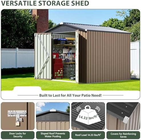 JUMMICO 8x8 FT Outdoor Storage Shed, Tool Metal Sheds, Brown - Image 4