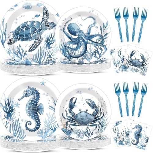 96PCS Summer Ocean Animal Party Paper Plates and Napkins Set for Under the Sea Party Paper Plates Underwater Creature Disposable Decor Sea Parties Set for Kids Birthday Gatherings Decorations by Oitnlaughter