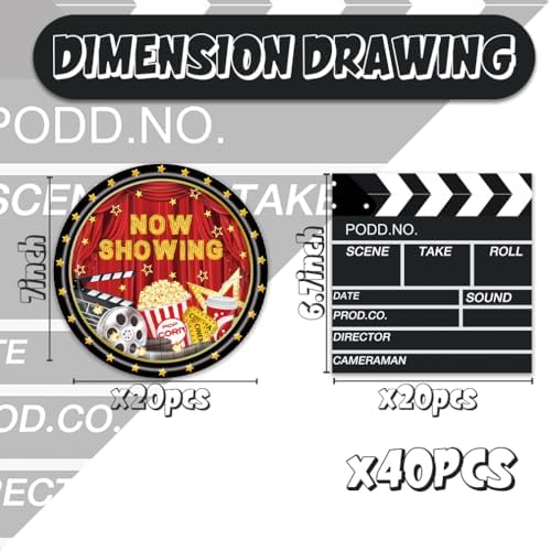Egami 40pcs Movie Night Party Supplies,include 20 Dessert plate and 20 Napkin,Now Showing Birthday Plate Napkin Set，Used for Bridal Shower Birthday Party Decoration - Image 2