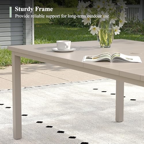 Outdoor Dining Table for 6, 63" Rectangle Outdoor Table with Adjustable Umbrella Hole, All-Weather Metal Patio Dining Table for Lawn Garden Backyard Deck, Sandshell - Image 5