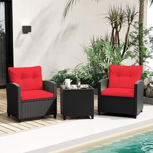 Tangkula 3 Pieces Patio Furniture Set, Rattan Conversation Set w/Soft Seat & Back Cushions, Tempered Glass Topped Coffee Table, Cushioned Wicker Seating for Backyard, Porch, Poolside (Red) - Image 3
