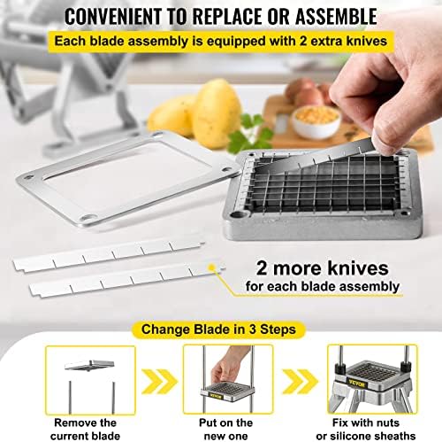 VEVOR Replacement Chopper Blade, 1/4 inch, 3 PCS French Fry Blade Assembly with 6 Extra Knives, Stainless Steel Dicer Parts and Push Block for Cutting Potatoes Carrots Onions Cucumbers Mushrooms - Image 5